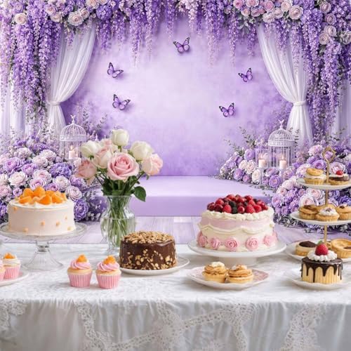 8X8ft Purple Lavender Butterfly Photography Backdrop Purple Wedding Flowers Girls Bridal Shower Party Decorations Background Baby Shower Birthday Party Cake Table Decor Photo Booth Props - Image 6