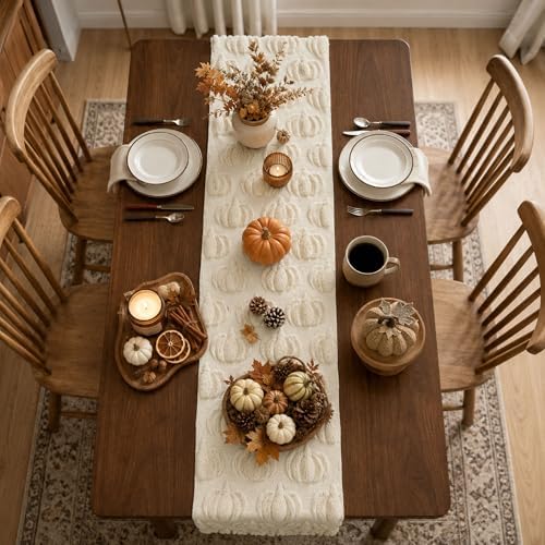 Fall Table Runner 13x48 Inch Soft Plush Faux Fur Jacquard Beige Pumpkin Table Runner, Seasonal Autumn Kitchen Dining Table Decoration for Home Party Decor ZR009A48 - Image 7
