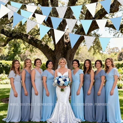 Dusty Blue Silver White Party Decorations Pennant Banner Flag Hanging Glitter Triangle Bunting for Birthday Graduation Bridal Shower Wedding Engagement Nautical Ahoy Achor Party Supplies - Image 7