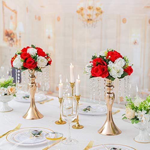 Sziqiqi Gold Floral Centerpiece Riser with Crystal Beads, 10Pcs, 13.8in - Image 3