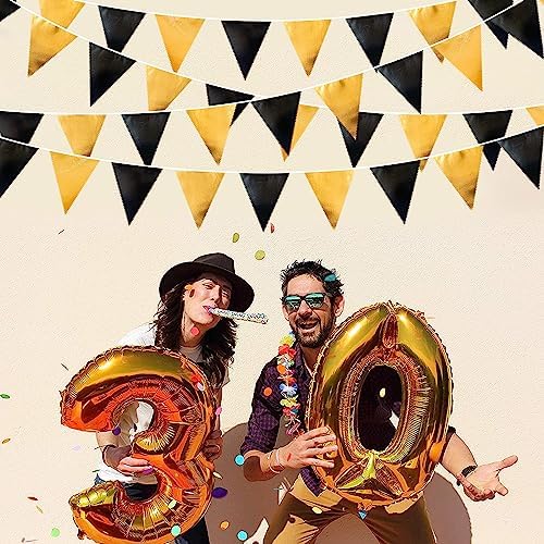 Black and Gold Party Decorations Triangle Pennant Banner Flag Metallic Fabric Bunting Garland for Birthday Graduation Anniversary Wedding Bachelorette Bridal Shower Engagement Hen Party Supplies - Image 6