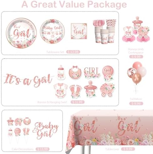 351Pcs Its a girl Baby Shower Decorations Tableware Set Severs 50, Girl Baby Shower Decorations Include Banner, Balloons, Tablecloth, Plates, Cups, Table Decorations - Image 3