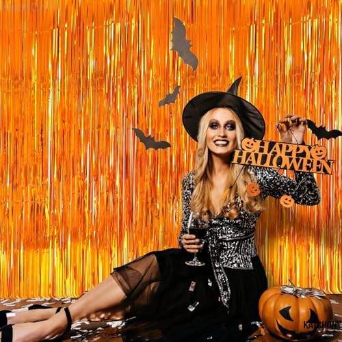 KatchOn Orange Fringe Backdrop Curtain 3.2x8 Feet, Pack of 2, Halloween - Image 5