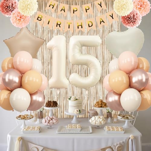 Beige Happy 15th Birthday Party Decoration Girls Cream Number 15 Balloon - Image 3
