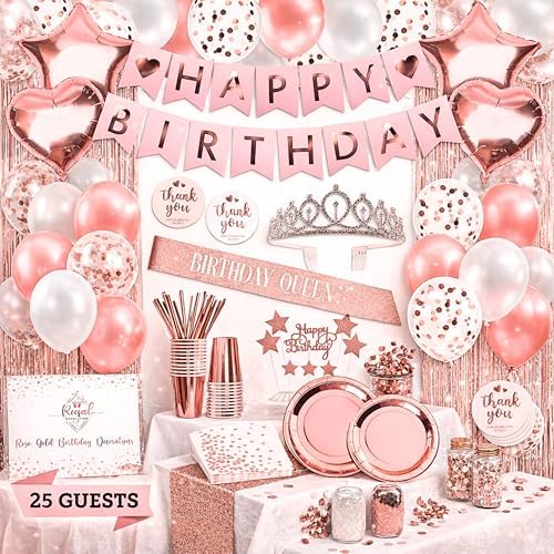 225 PC Rose Gold Birthday Party Decorations Kit for Girls, Teens, Women - Happy Birthday Banner, Curtains, Table Runner, Balloons, Sash, Tiara, Cake Topper, Plates, Cups, Napkins, Straws for 25 Guests by RegalDecorations