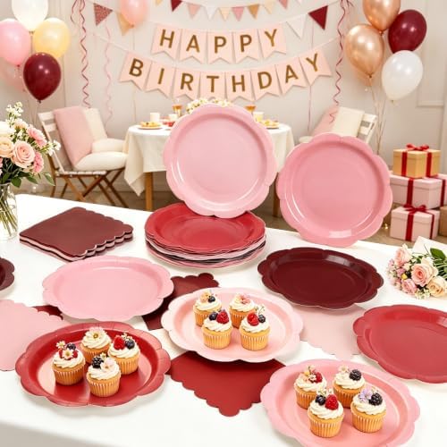 96Pcs Pink and Burgundy Paper Plates and Napkins Serves 48,9 Inch Gradient Disposable Plates,6.5" Scalloped Napkins Tableware for Bridal Shower,Girl Birthday, Wedding,Valentine’s Day - Image 2