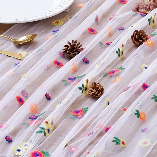 JIALE Pink Floral Table Runner, Embroidery Daisy Seasonal Table Decorations, 120Inch 10FT Tulle Fabric for Home Decor, Bridal Shower Wedding, Baby Shower Parties, DIY Craft - Image 2
