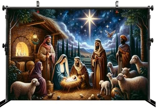 15x8ft Nativity Backdrop Bethlehem Star Holy Family Shepherds Sheep Background for Merry Christmas Religious Celebration Winter Holiday Church Event Baby Shower Decor Booth Prop Wallpaper - Image 3