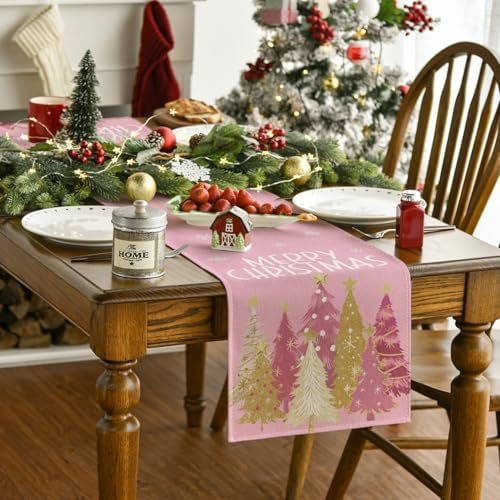 Artoid Mode Pink Xmas Trees Table Runner Home Party Decor 13x48 Inch - Image 2