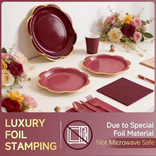 168Pcs Burgundy Paper Plates and Napkins Party Supplies for 24 Guests - Image 5