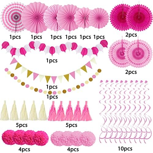 ZERODECO Party Decorations, 41 Pcs Pink Papar Fans Pompoms Garlands String Tissue Paper Tassel for Fiesta Home Bridal Baby Shower Wedding Boy Girl Birthday Party - Image 2