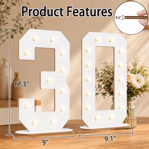Pooqla 30th Birthday Decorations, 17.3 in White Wooden Light Up Numbers - Image 4