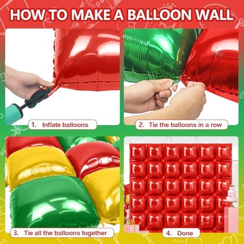 NISOCY 48PCS Red Green Gold Square Foil Balloons Wall Backdrop Double Sided Red Green Gold Balloons Arch Kit for Birthday Christmas New Year’s Graduation Anniversary Wedding Party Decorations - Image 4