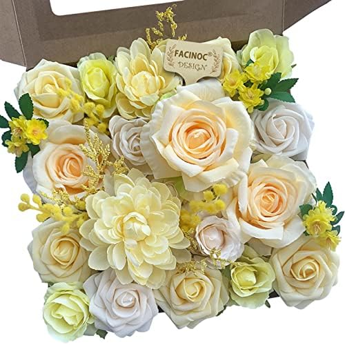 FACINOC Roses Artificial Flowers Yellow Bouquet Fake Flower Bulk Box Set by FACINOC
