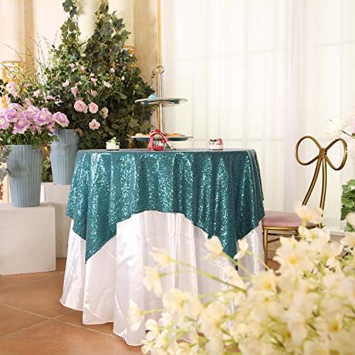 Eternal Beauty Teal 48x48 Inch Tropical Beach Sequin Tablecloth - Image 2