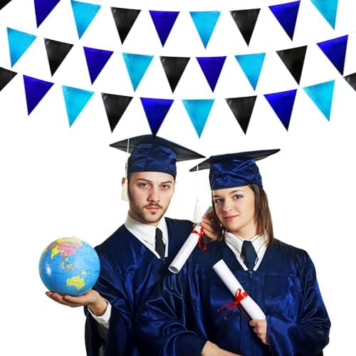 Black Blue Party Decorations Metallic Fabric Triangle Pennant Banner Flag Bunting Garland for Video Game Nautical Birthday Graduations Retirement Wedding Bachelorette Outdoor Holiday Party Supplies - Image 4