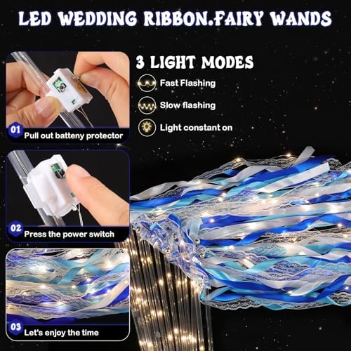 100 Pcs Wedding Wands Ribbon with 3 Colorful Flashing Modes, Light up LED Silk Fairy Wands, Glow Lace Stick with Bells for Wedding Reception, Graduation, New Year, Birthday Party (Blue) - Image 2