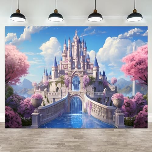 10x7ft Princess Castle Backdrop Pink Floral Blue Sky Photography Background White Cloud Forest Mountain Girls Birthday Baby Shower Banner Decorations Wedding Party Portrait Photo Booth Prop by ASDCXZ