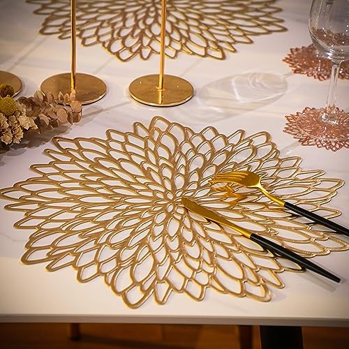 Snowkingdom 4 Pack Gold Placemats Metallic Pressed Vinyl Golden for Dinning Table Place Mats Round Floral Charger Decoration for Christmas Thanksgiving Holiday Wedding - Image 4