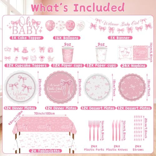 200Pcs Pink Bow Baby Shower Decorations Party Supplies for Girls, Serves 24 - Image 3