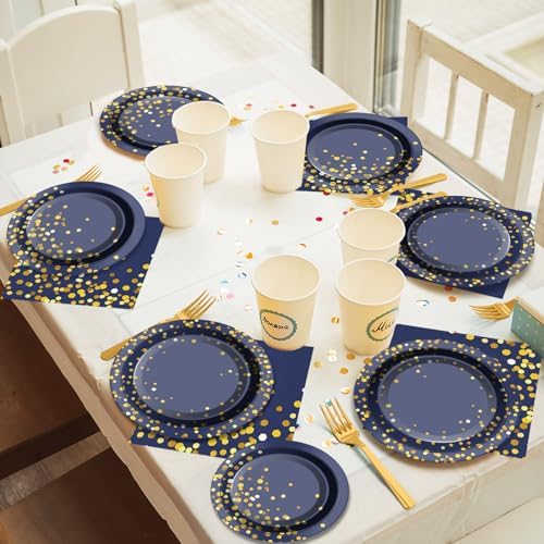 gisgfim 50 Guests Blue and Gold Party Supplies Decorations Tableware Set Blue and Gold Paper Plates Napkins Disposable Plates Graduation Tableware for Men Women Happy Birthday Party Decorations 200PCS - Image 4