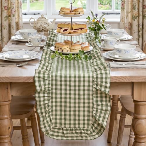 Artoid Mode Green Farmhouse Plaid Gingham Ruffle Table Runner, Seasonal Scalloped Spring Kitchen Dining Table Decoration for Home Party Decor 13x48 Inch - Image 2