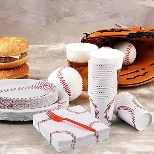 durony 144 Pieces Baseball Paper Plates and Napkins Dinnerware Set Baseball Birthday Party Tableware Supplies Includes Paper Plates Napkins Forks Serve 24 for Sports Baseballs Party Supplies - Image 6