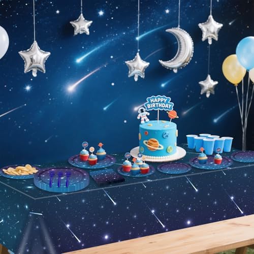 Outer Space Party Supplies for 20 Guests, Disposable Tableware Set Includes Starry Night Paper Plates, Napkins, Forks, Tablecloth for Kids Space Galaxy Theme Birthday Decorations - Image 6