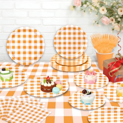146PCS Orange Gingham Party Supplies Paper Plates and Napkins Serve 36 - Image 3