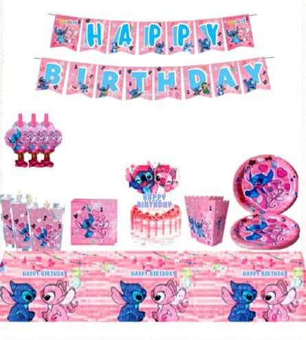 Pink Stitch kids Birthday Party supplies decoration set for 16 Guests–83PCS Set with 16 Plates9'' Napkins popcorn boxes birthday Banner juice labels blowouts Cake Topper & Tableware - Image 3