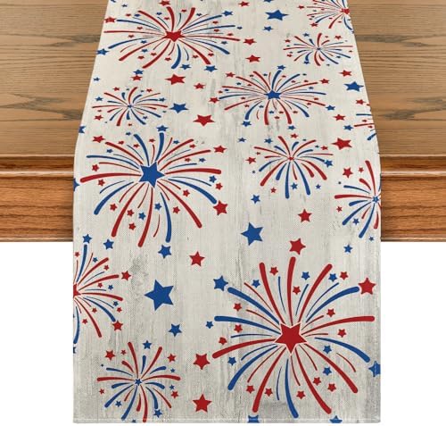 Artoid Mode Silver Fireworks Patriotic 4th of July Table Runner, Seasonal Kitchen Dining Table Decoration for Home Party Decor 13x36 Inch by ArtoidMode
