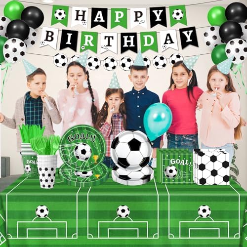 170 PCS Soccer Party Decorations, Soccer Birthday Party Decorations - Includes Plates, Napkins, Cups, Banner, Balloons, Tablecloth, Knives, Forks for Sports Soccer Theme Party Decorations, Serve 24 - Image 5