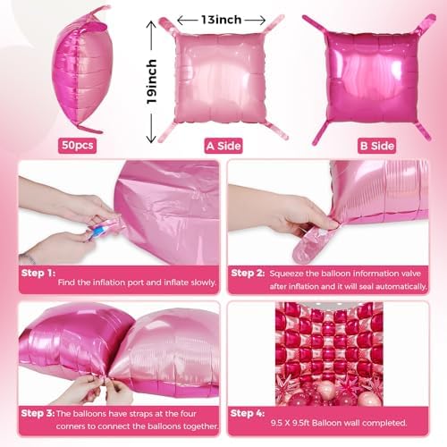 50pcs Hot Pink and Pink Square Foil Balloons Wall Backdrop with 147pcs Balloon Garland Arch Kit, Double Sided Balloon Tunnel for Anniversary Bachelorette Birthday Valentines Party Decorations - Image 3