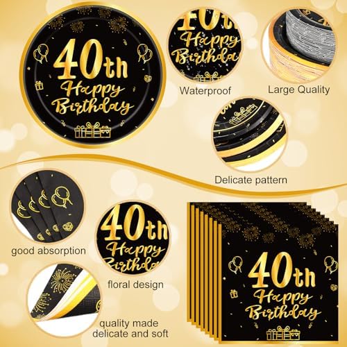 Funnymoom 452 Pcs 40th Birthday Party Decorations Set for Men Women, Black and Gold Happy 40th Birthday Paper Plates Napkins Cups Tablecloth Cutlery Straws for Cheers to 40 Years Anniversary Party - Image 3