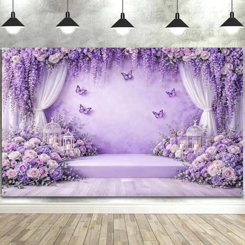 8X8ft Purple Lavender Butterfly Photography Backdrop Purple Wedding Flowers Girls Bridal Shower Party Decorations Background Baby Shower Birthday Party Cake Table Decor Photo Booth Props - Image 2