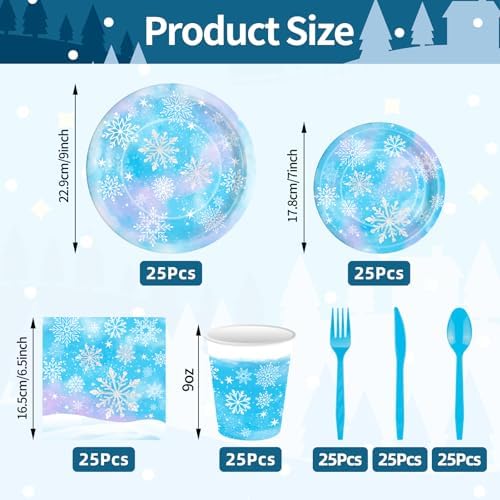 175 Pcs Snowflake Winter Wonderland Tableware Set - Serves 25, Snowflake-Themed Disposable Plates, Cups, Napkins, Forks, Spoons, Knives for Christmas, Winter Party Supplies, Holiday Gatherings - Image 2