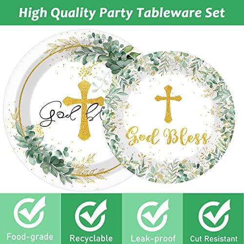 96 Pieces God Bless Party Plates Baptism Theme Party Decorations First Holy Communion Paper Plates and Napkins Mi Bautizo Eucalyptus Leaves Sage Disposable Dessert Tableware Set Supplies 24 Guests - Image 4