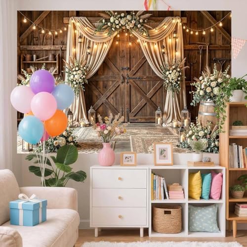 10x8Ft Barn Wedding Photography Backdrop Rustic Cabin Wooden Barn Door Photography Backdrop Country Farmhouse Floral Birthday Baby Shower Wedding Bridal Party Banner Photo Booth Props Background - Image 7