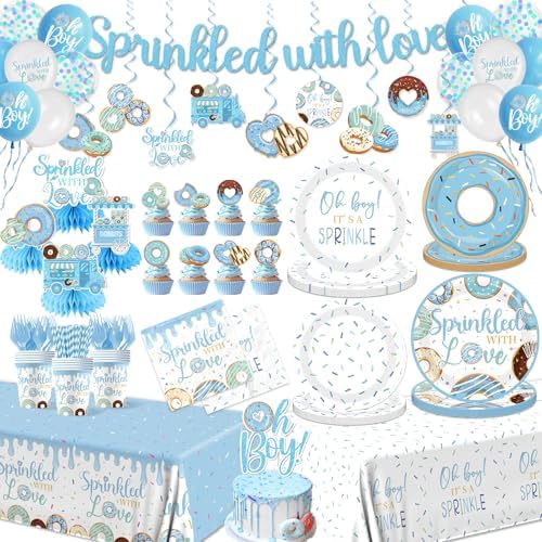 Baby Sprinkle Decorations for Boy,Blue Sprinkled with Love Party Plate,Napkin,Cup,Cake Topper Donut Baby Shower Decorations for Baby Boy Sprinkle Party Supplies Serves 24 by HAKOTI