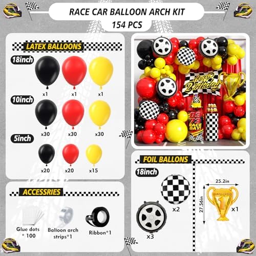 Race Car Balloon Arch Garland Kit, 154pcs Different Size Tire Flags Checkered Black Red Yellow Balloons Arch Kit for Racing Car Two Fast Theme Boy Birthday Anniversary Party Decorations - Image 2