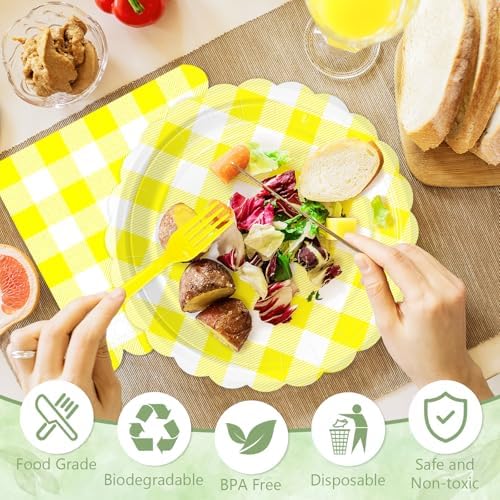 100 Pcs Yellow Gingham Paper Plates and Napkins Disposable Set for Party - Image 4