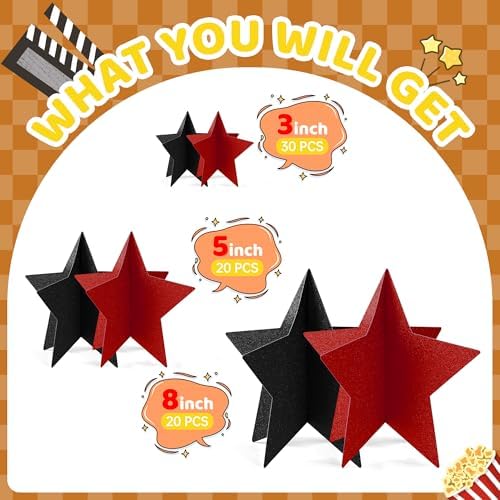 70 Pcs Red and Black Star Centerpieces for Men Women Black and Red Party Birthday Decorations 3D 2025 Graduation Decoration 3 Sizes 8" 5" 3" Film Show Theme Supplies Table Decor - Image 2