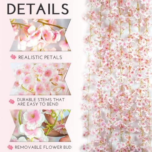 YRIOWMI 10PCS 59FT Artificial Silk Cherry Blossom Garland, Hanging Sakura Flower Vines for Wedding Party Home Arch Office Sakura Decor (Light Pink) - Image 3