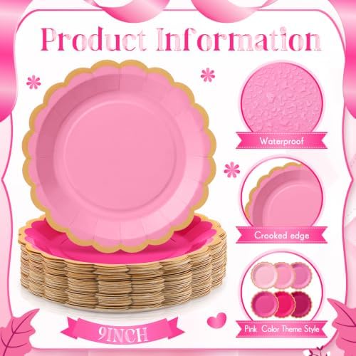 48 Pcs Breast Cancer Awareness Plates 9 Inch Hot Pink Scalloped - Image 3