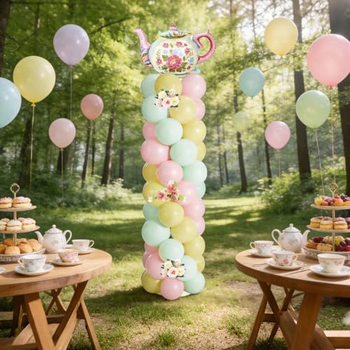 2 Sets Tea Party Balloon Column Stand Kit with Let's Partea Backdrop & 100 Balloons Adjustable Balloon Tower Stand with Bases for Girls Birthday Baby Bridal Shower Garden Party Decor Supplies - Image 2