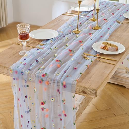 BINBE 12pcs Daisy Spring Table Runner Embroidery Gauze 10FT Florals Seasonal Tulle Holiday Birthday Kitchen Dining Table Decor for Home Party Blue - Image 2
