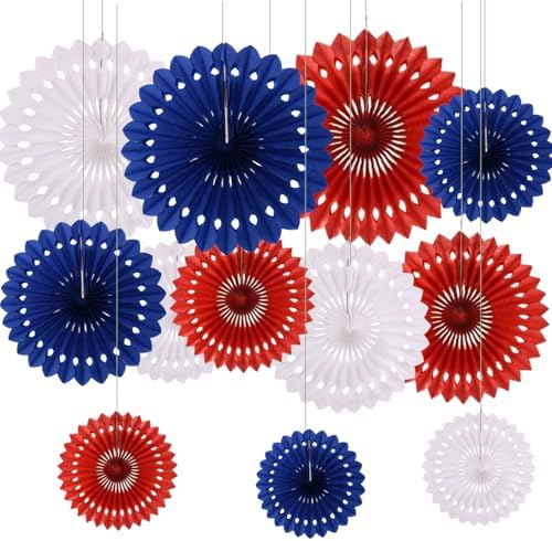 12PCS Red Navy Blue and White Paper Fans Party Decorations,Hanging Ceiling Honeycomb Round Tissue Paper Fans for Independence Day,July 4th Party,Memorial Day,Veterans Day,Party Decoration by CC+wonderland+zone