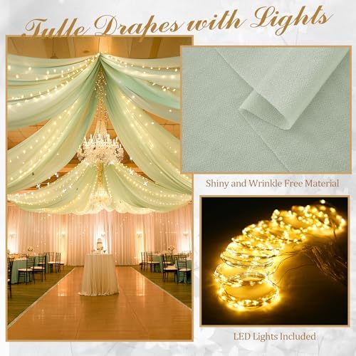 6 Panels Green Ceiling Curtains with Lights for Weddings - 5ftx30ft Wrinkle-Free Tulle Fabric Wedding Arch Draping Ceiling Drapes Decorations for Wedding Party Ceremony Stage Tent Event - Image 3