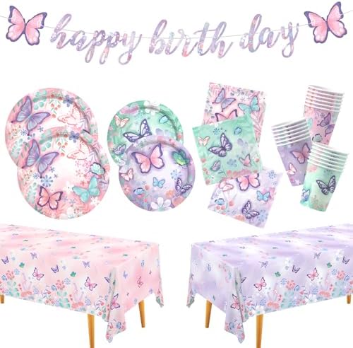 Butterfly Birthday Party Supplies Set - Includes Disposable Plates, Cups, Napkins, Tablecloth, and Banner | Butterfly Party Decorations for Girls Birthday Celebration,Serve 24 by Gatherfun