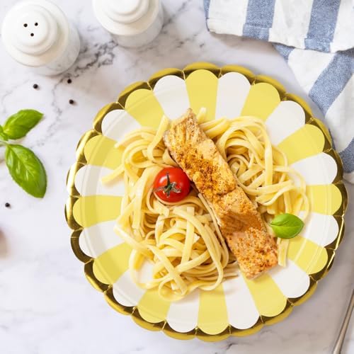 50 Pcs Yellow Party Paper Plates with Gold Scalloped Edge, Yellow Disposable 9 inch Scalloped Paper Dessert Plates Party Supplies for Birthday Bridal Shower Picnic, Striped - Image 2